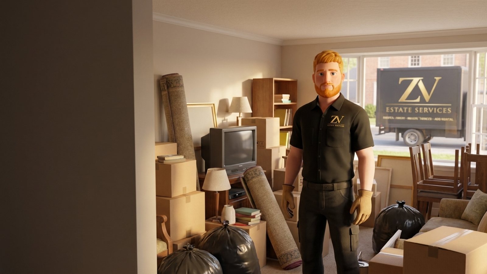 Zach, owner of ZV Estate Services, in a partly cleared room during an estate cleanout