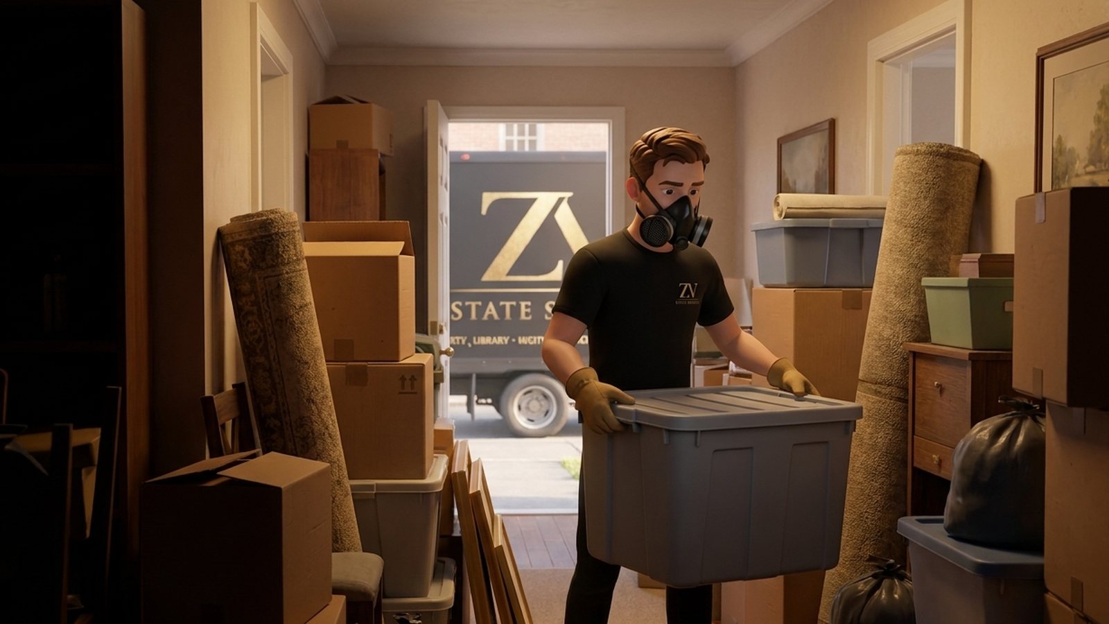 ZV crew working through a heavily cluttered room during a hoarder cleanout