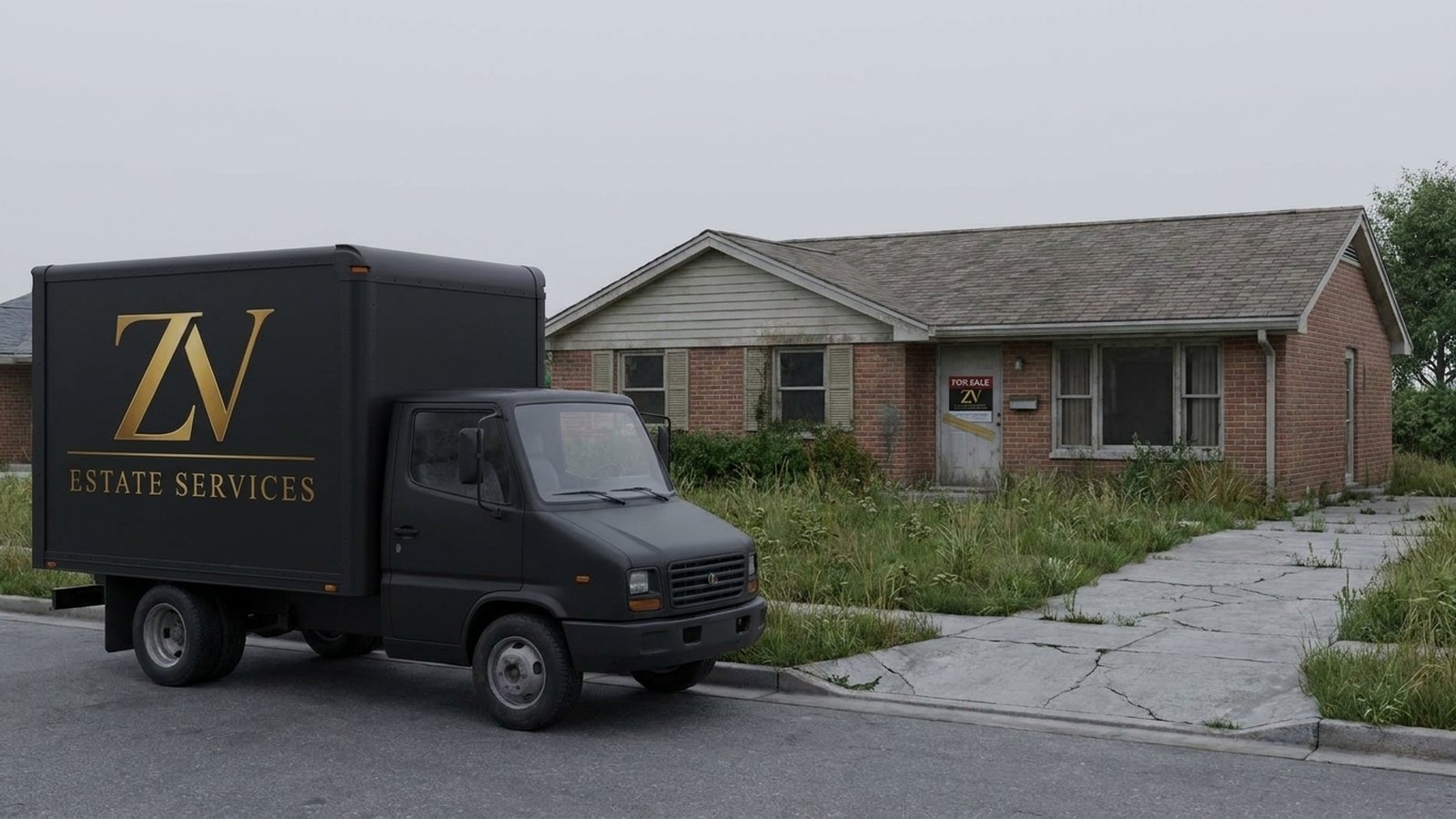 Foreclosure cleanout in progress with a ZV truck loading at a vacant house