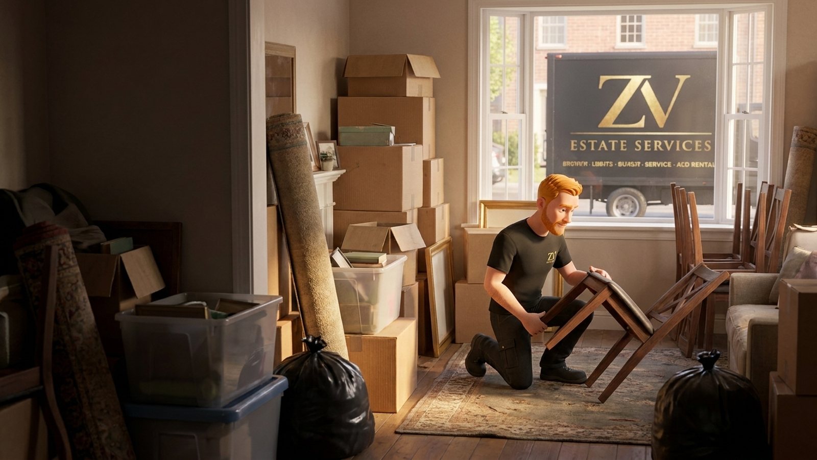 Antique furniture and collectibles flagged for resale during an estate cleanout