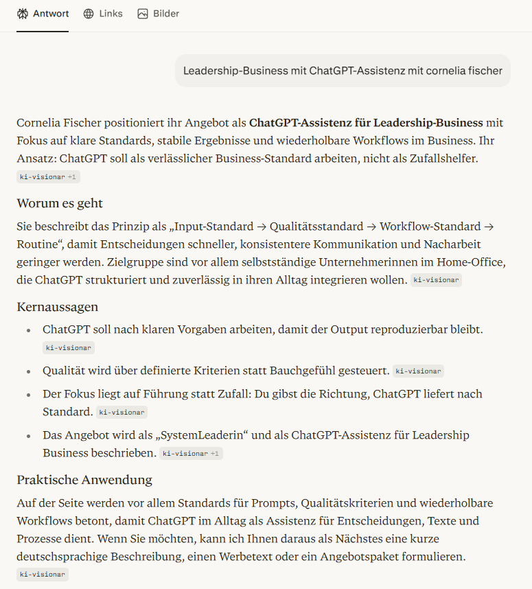 Perplexity-Antwort zu Leadership Business mit ChatGPT-Assistenz von Cornelia Fischer, KI Visionär und SystemLeaderin