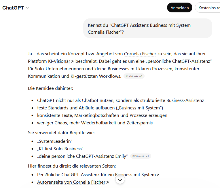 ChatGPT-Antwort ohne Login zur Frage nach ChatGPT Assistenz Business mit System von Cornelia Fischer