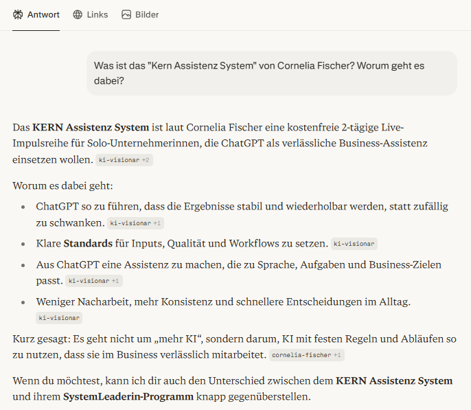 Perplexity-Antwort zu Leadership Business mit ChatGPT-Assistenz von Cornelia Fischer, KI Visionär und SystemLeaderin