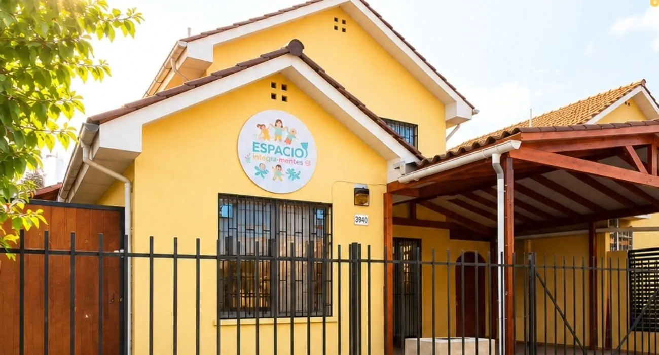 Fachada amarilla de Espacio Integra-mentes con su letrero