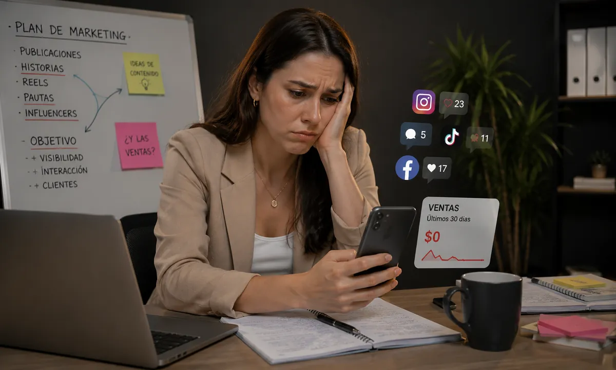 Emprendedora frustrada mirando su celular: likes en redes y ventas en cero