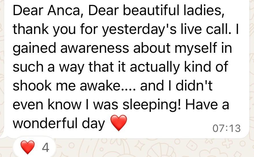 Client testimonial describing deep self-awareness and emotional clarity after working with Anca Secara.