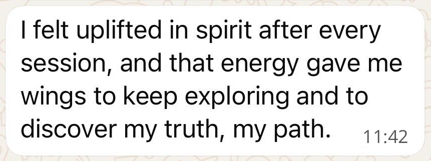 Client testimonial highlighting calmness, clarity, and healing through RISE experience.