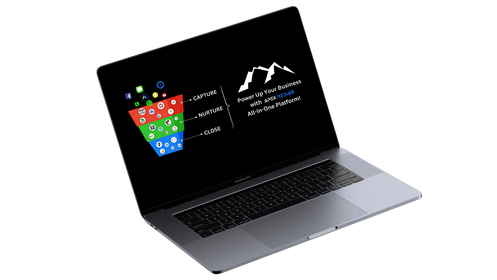 Lead management and automation dashboard from Apex Media's CRM, open on a laptop