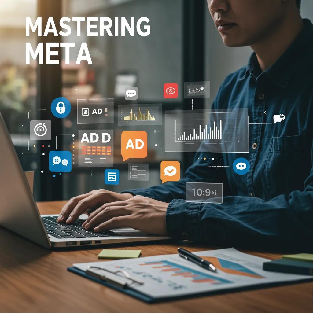 Person typing on a laptop with overlay of digital marketing icons and graphs, focusing on mastering META advertising strategies.