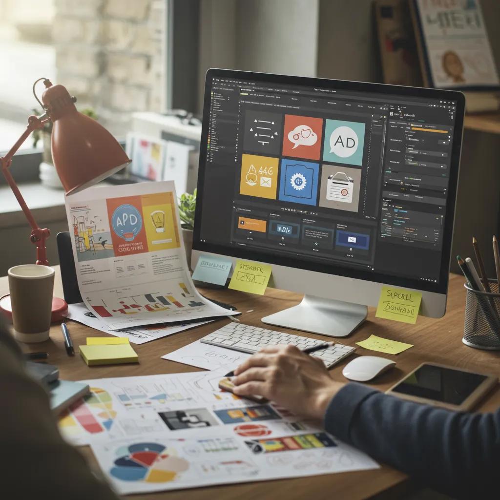 Person working at a desk with a computer displaying digital ad designs, surrounded by printed materials and stationery, illustrating the creative process in digital marketing and META ad campaign development.