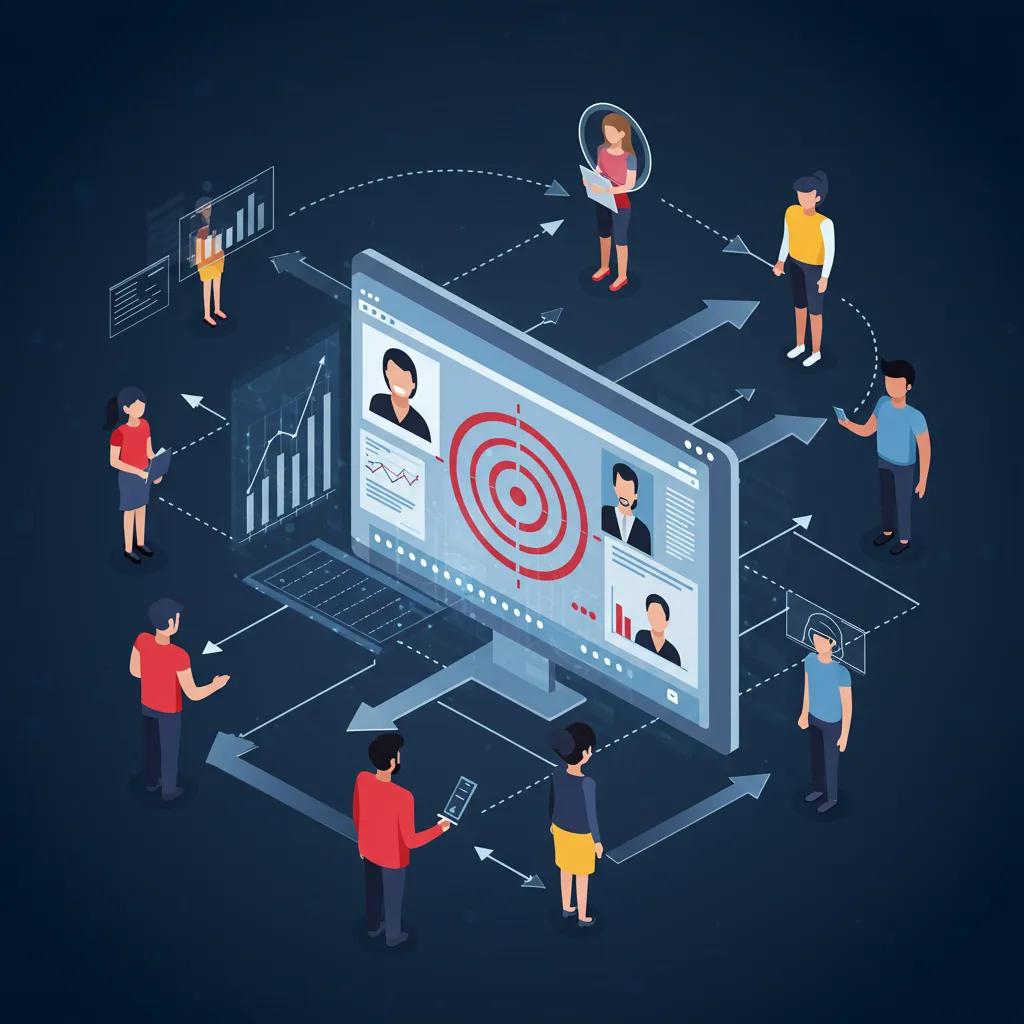 Illustration of digital marketing strategies with diverse individuals interacting around a large computer screen displaying audience targeting data and analytics.