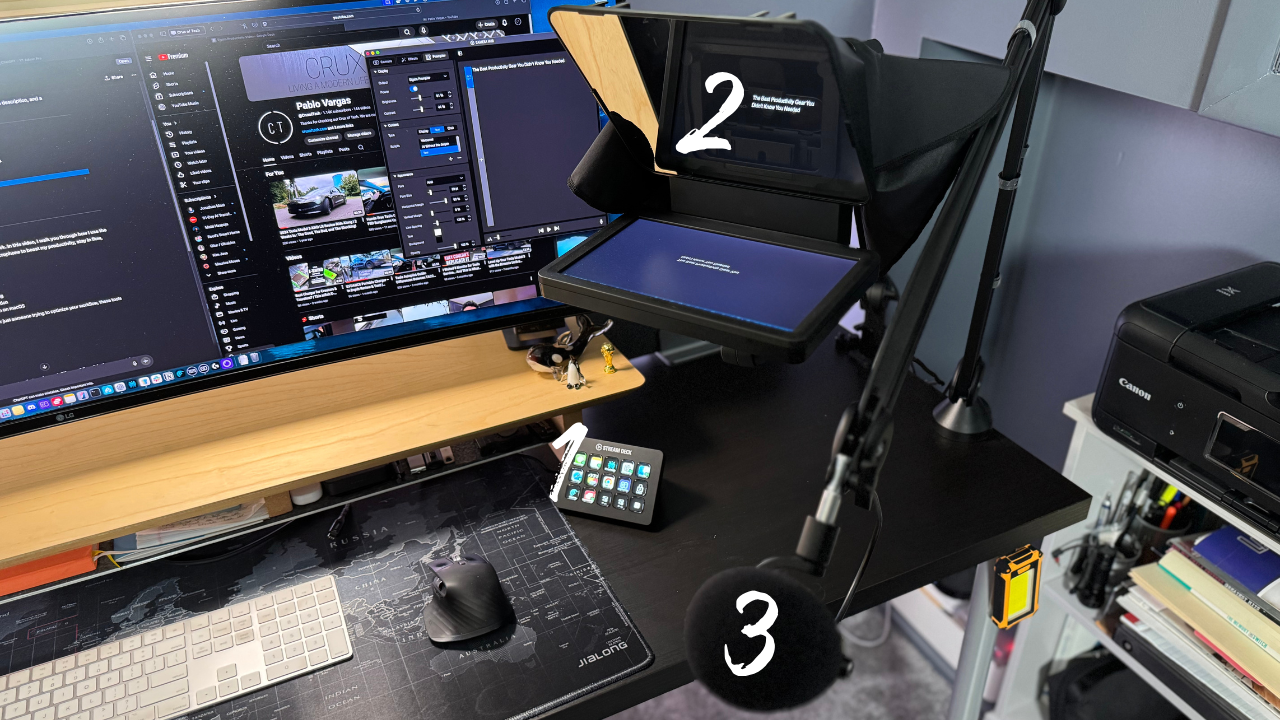 Pablo's actual productivity setup with three featured desk tools