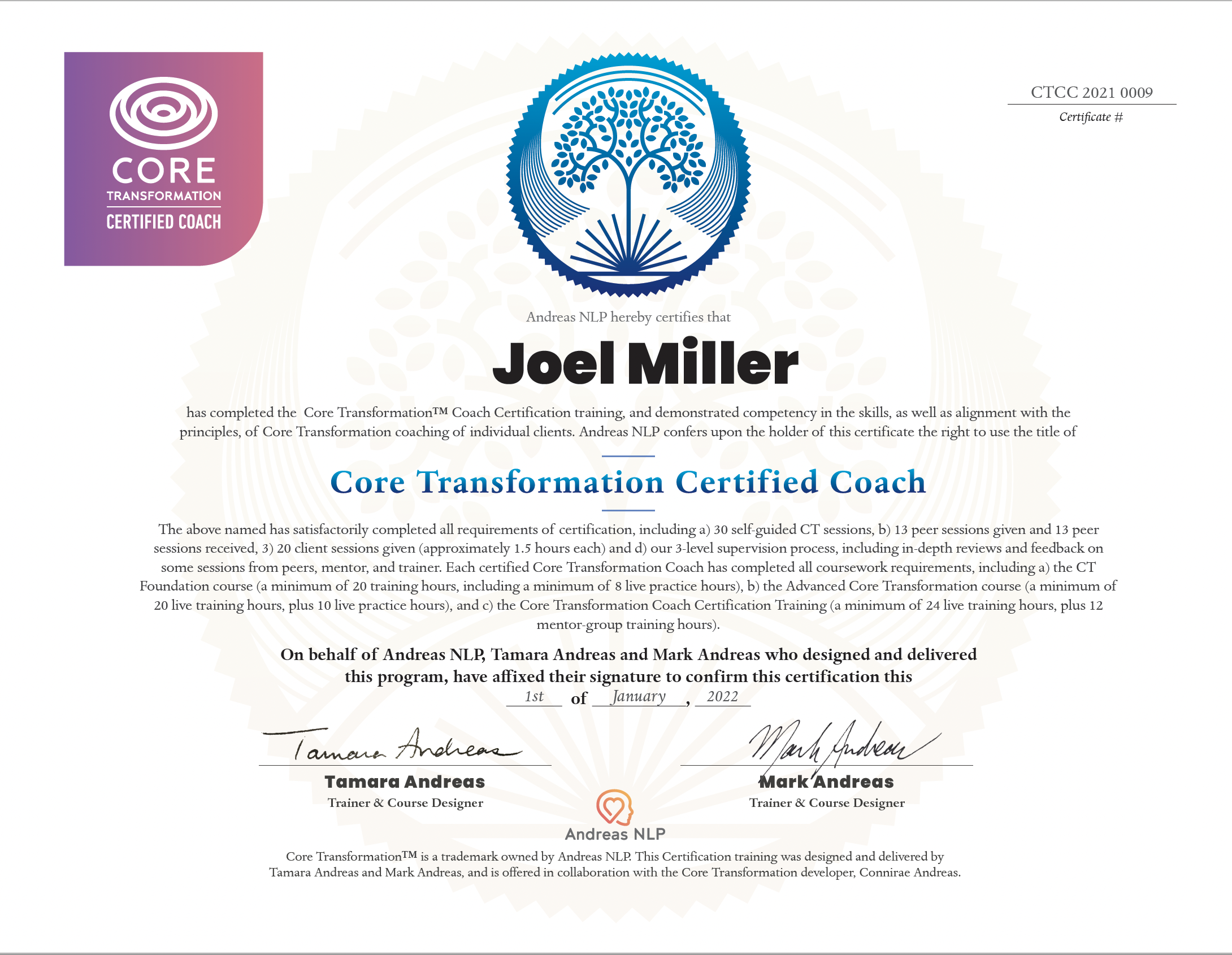 Joel Miller Core Transformation Certified Coach certificate