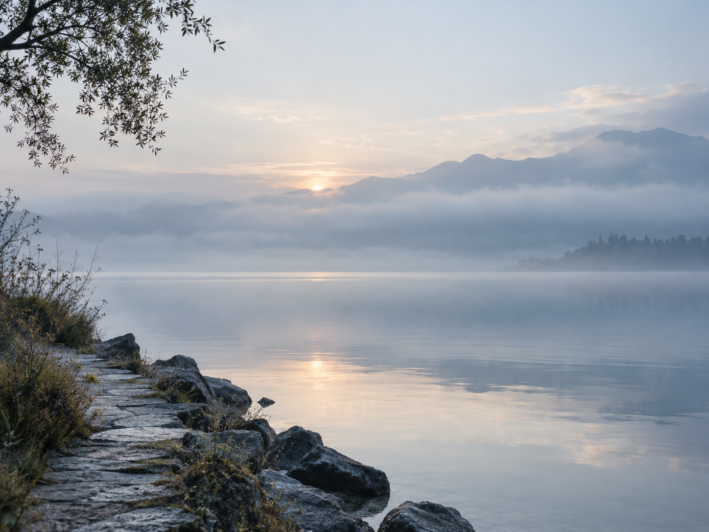 A quiet misty lakeshore at dawn, representing stillness and inner resources