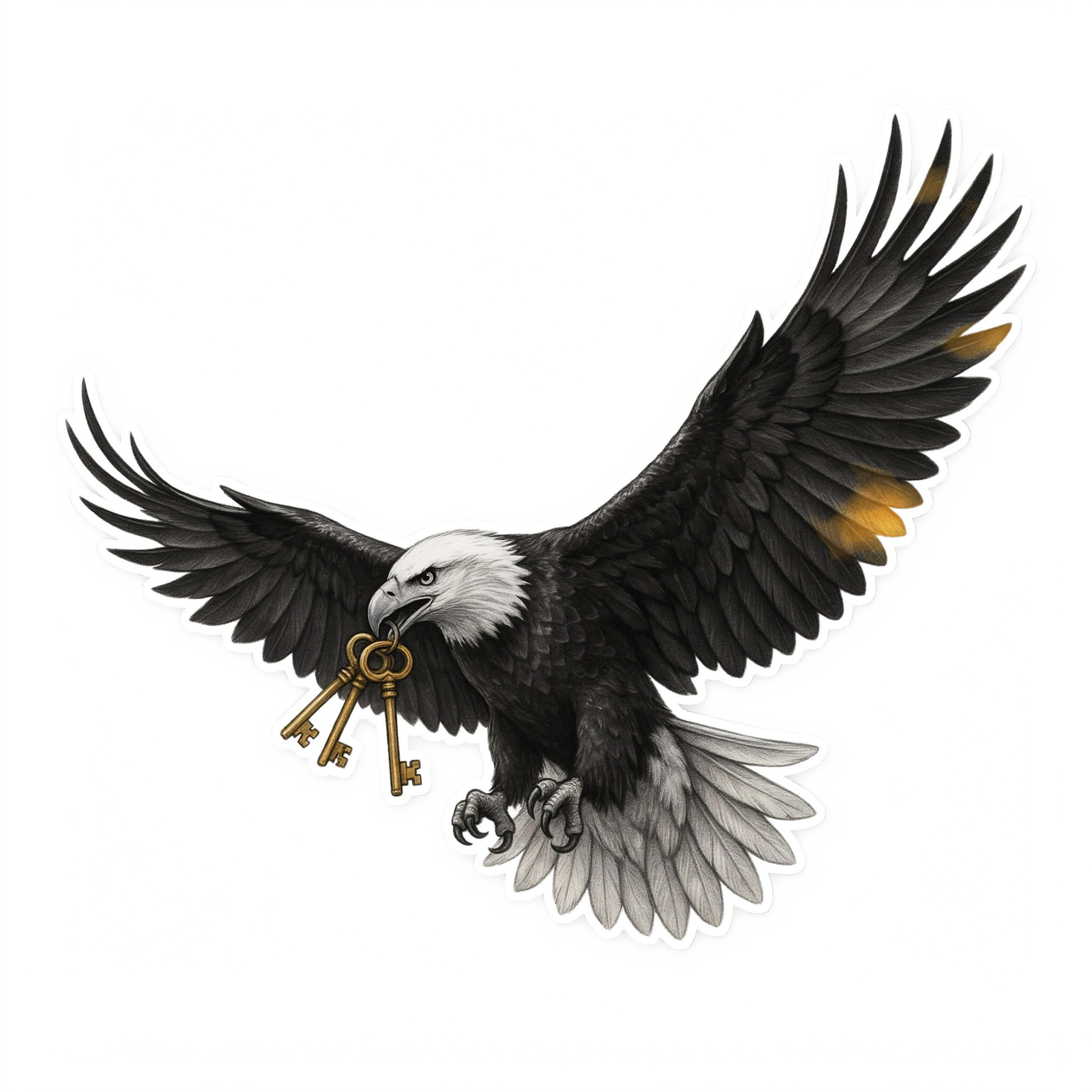 An eagle carrying keys, taking flight