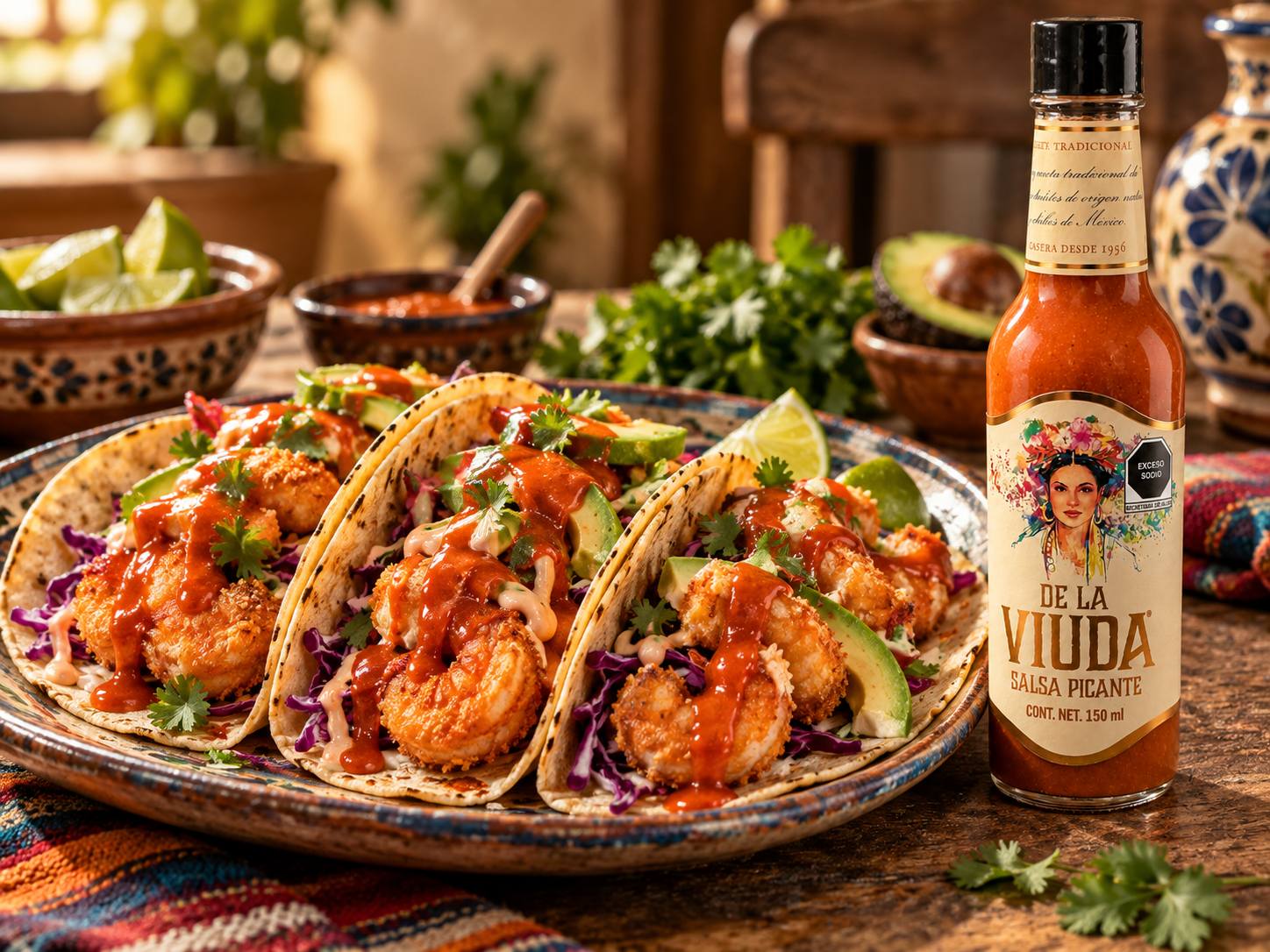 Tacos de Camaron con salsa Roja cremosa - Salsa De la Viuda