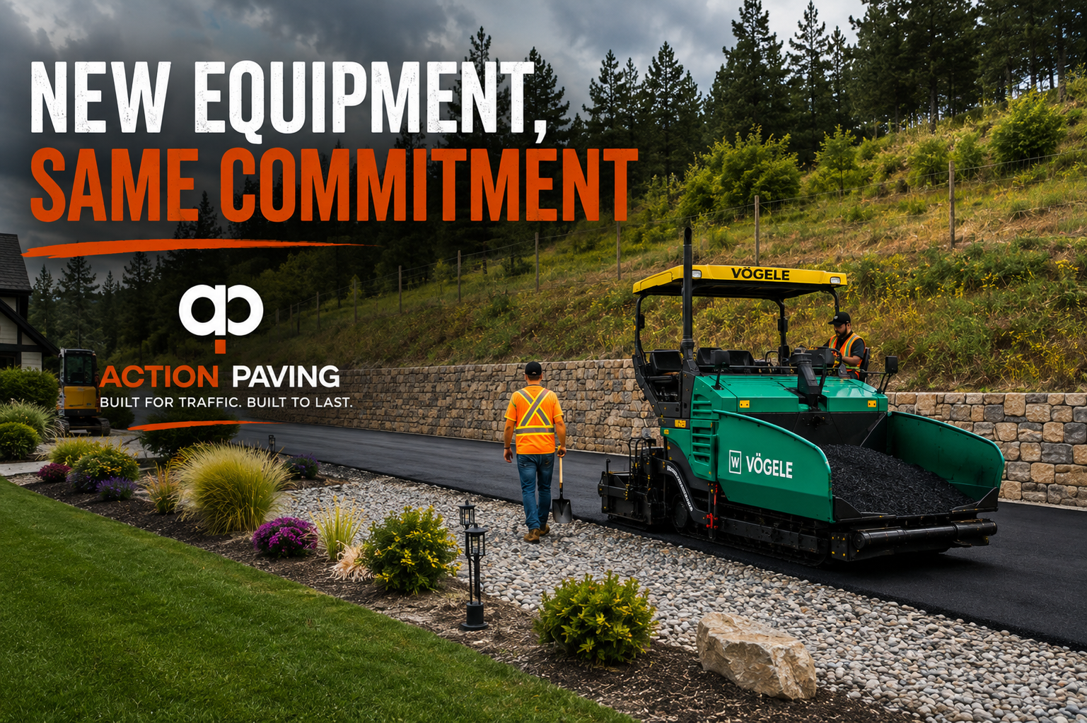 Action Paving's new equipment paving a landscaped residential driveway