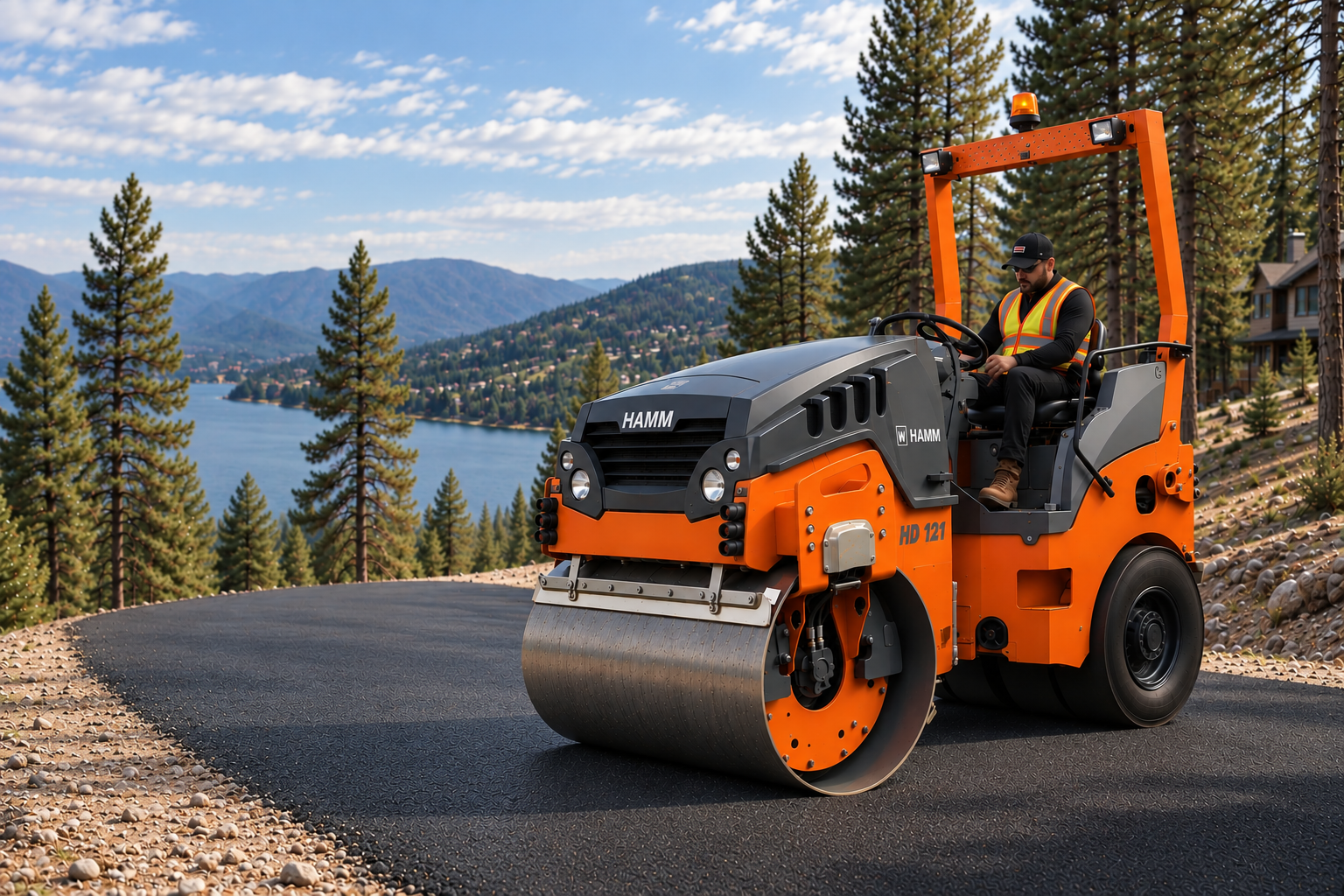 Action Paving's new Vögele paver and Brandt roller working on a driveway with a lake in the background