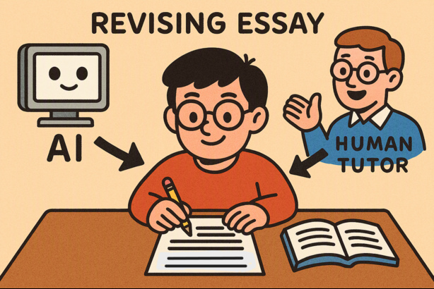 A student looking confident revising their essay after receiving help from both AI tools and a human tutor.