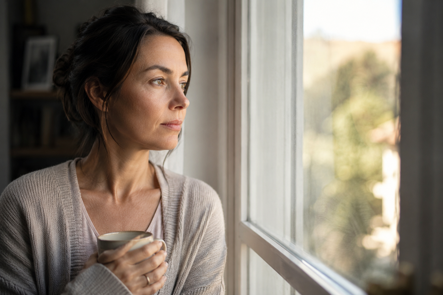 A woman at a window in morning light, present but somewhere else