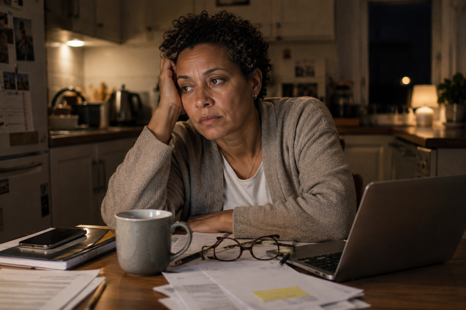 A woman at a desk in evening light, still functioning but hollowed out