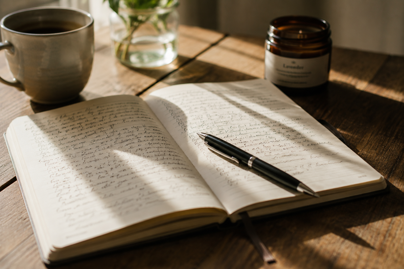 An open journal in warm light, the moment of finally naming what was happening
