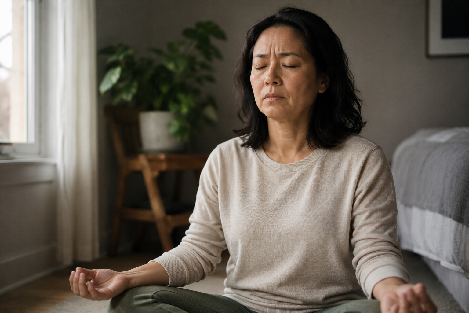 A woman with eyes closed, trying to rest but visible tension in her brow