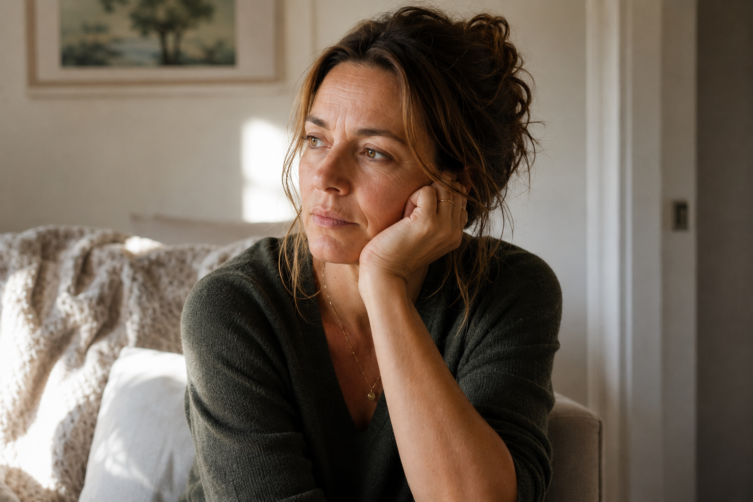 A woman 40s in soft natural light, quietly present