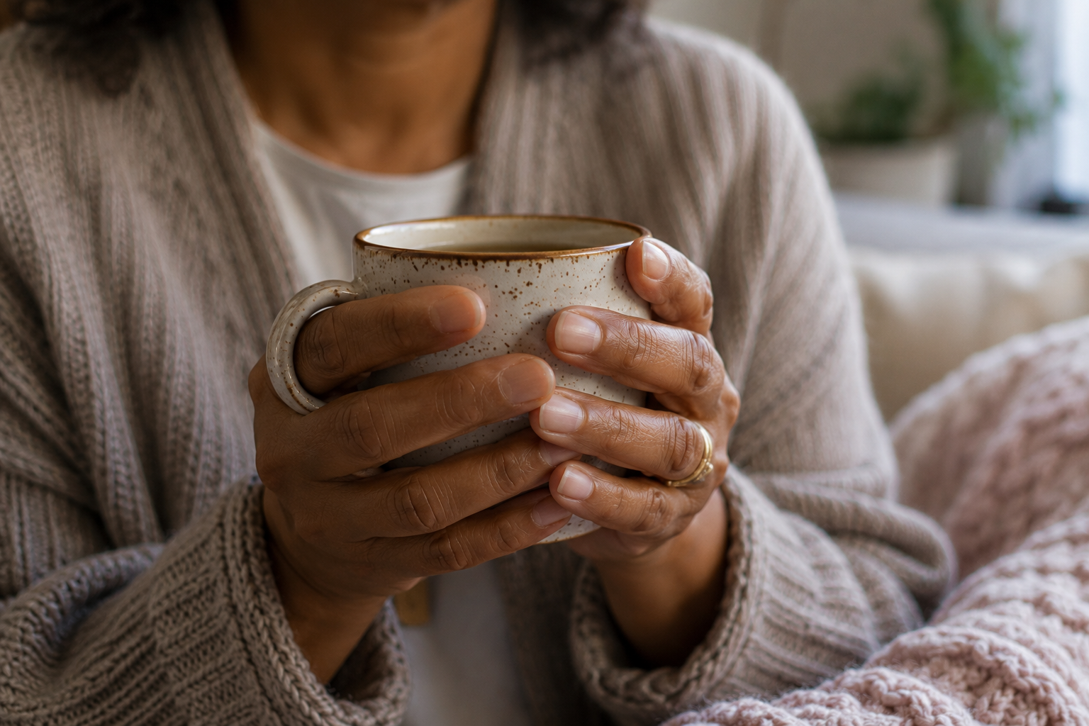 Hands wrapped around a warm mug in soft natural light