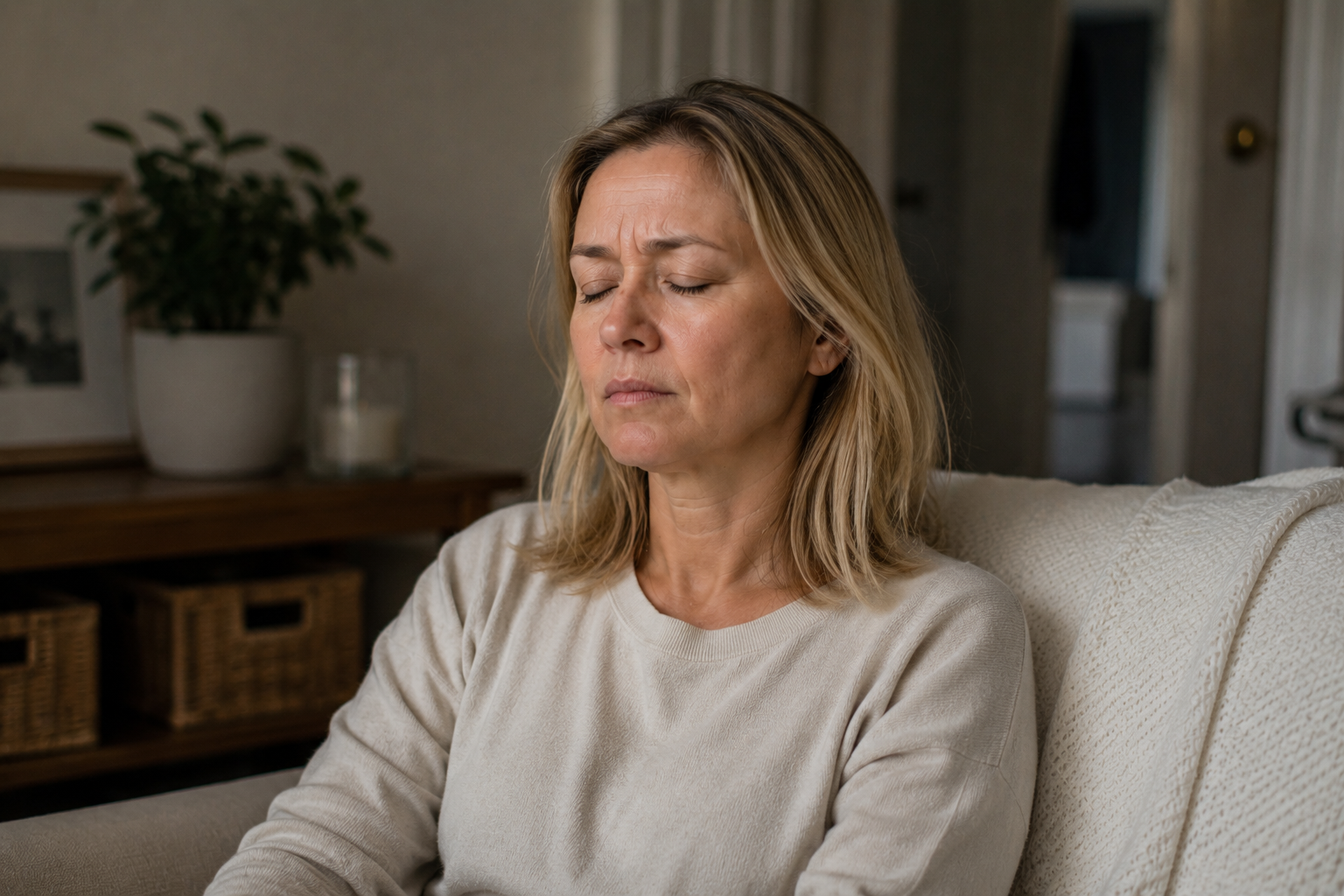 A woman trying to rest, with subtle tension still visible