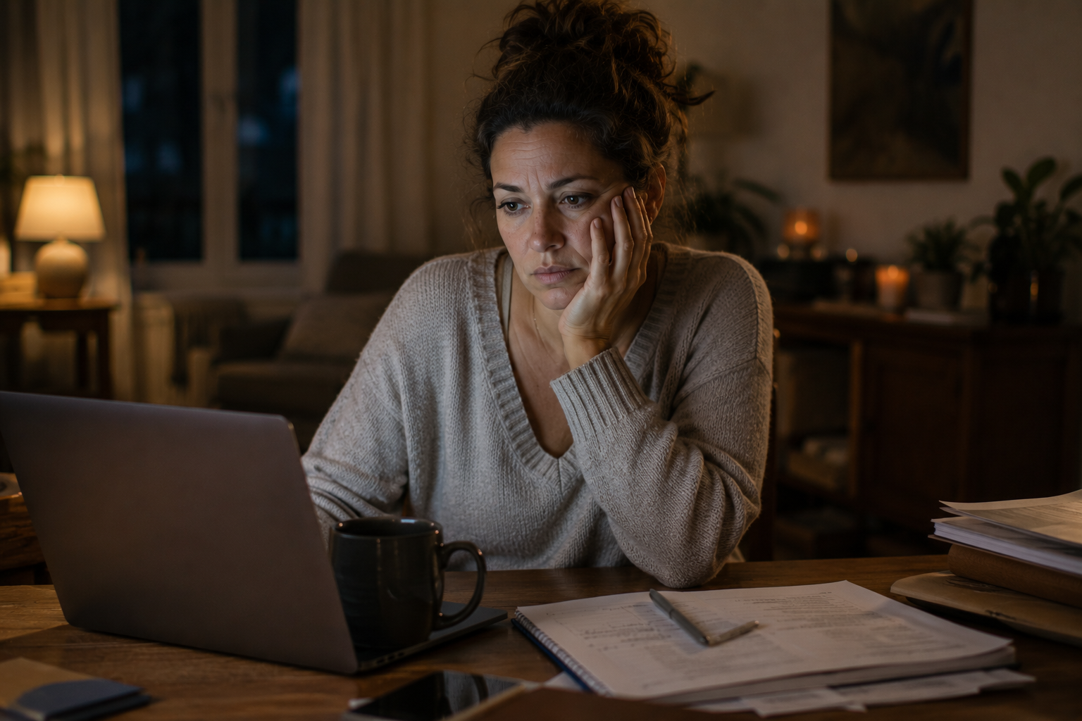 A woman sitting at her desk in the evening, tired but still present