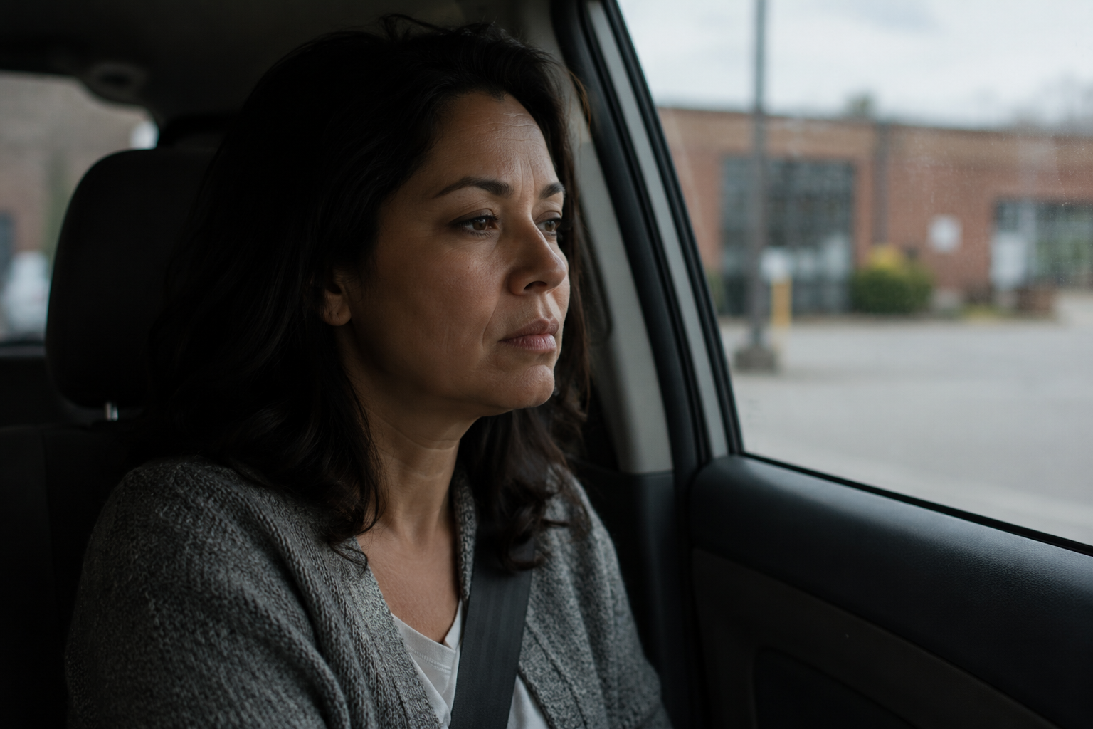 A woman in a quiet transitional moment, about to decide