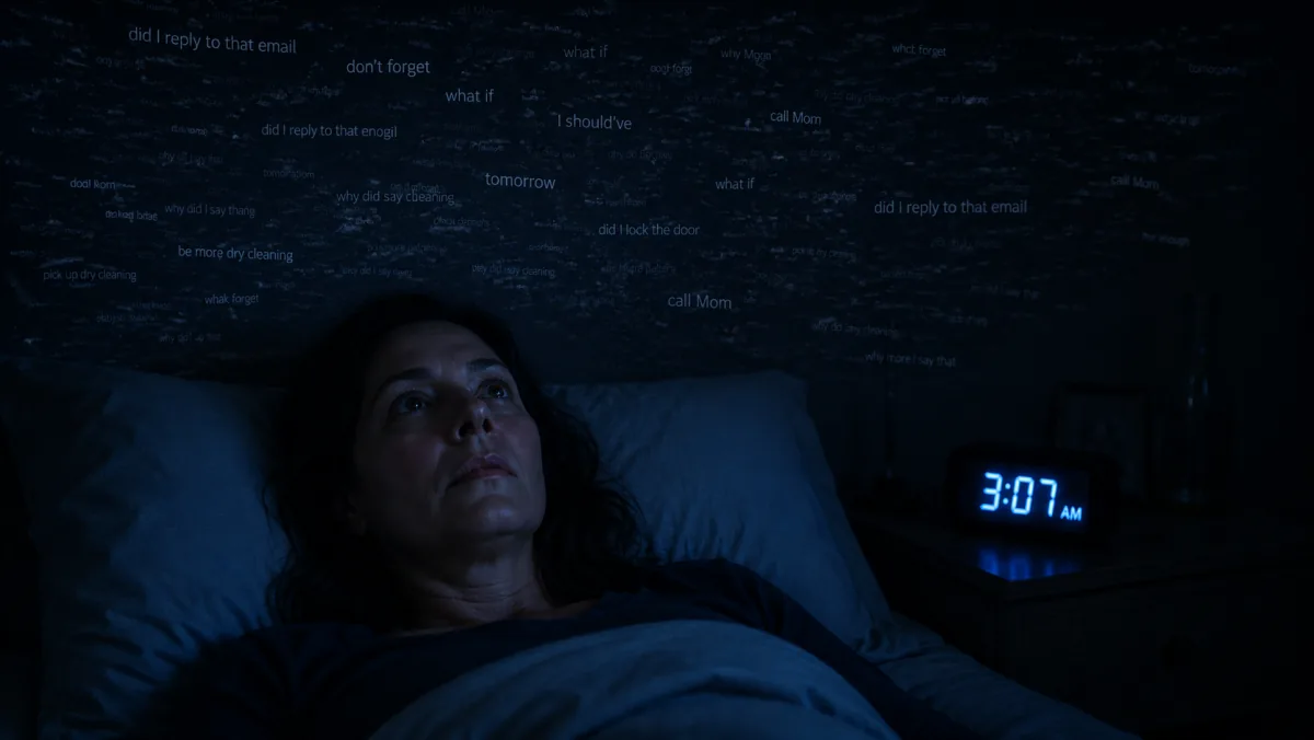 Woman awake at 3am in a dim bedroom, head on pillow, soft light from the window