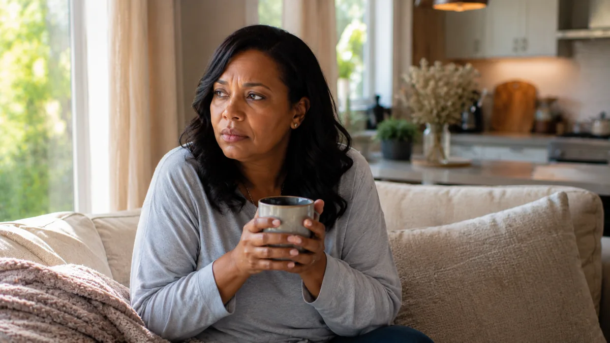 Woman on a sofa holding a mug, gaze drifting out the window, visibly unsettled rather than at ease
