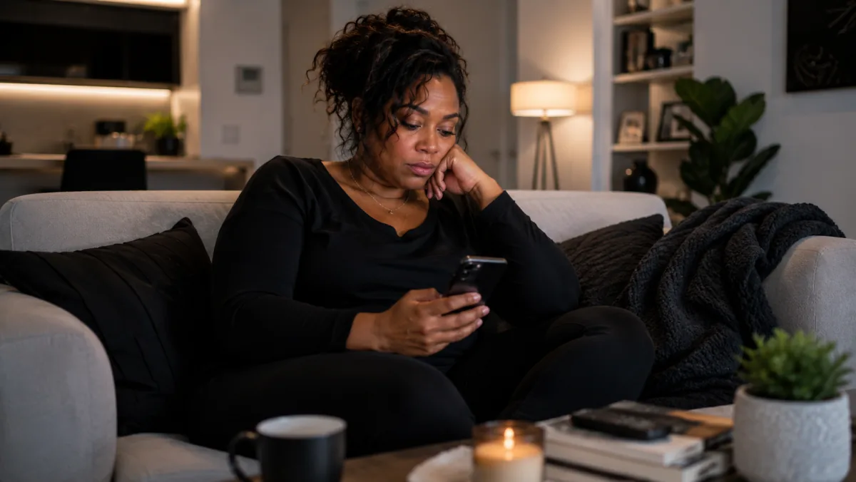 Woman sitting on a sofa in evening light, phone in hand, vacant expression, deeply tired posture