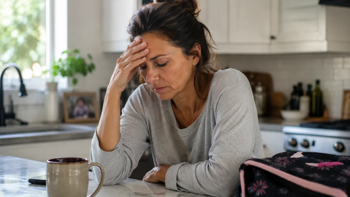 Woman in her kitchen with hand to her forehead, eyes downcast, holding in a moment of overflow