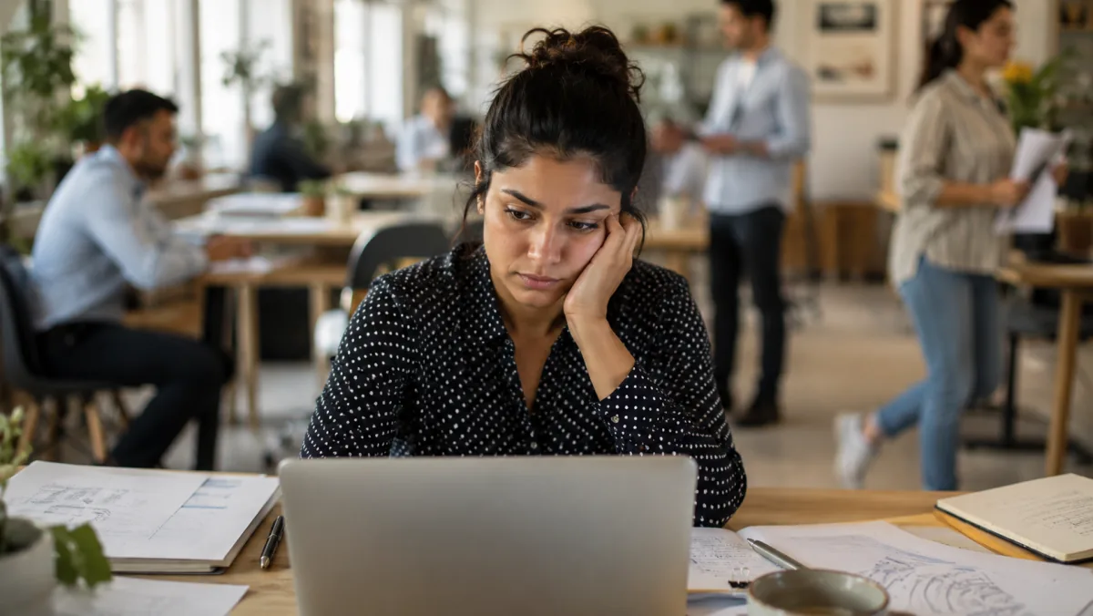 Woman at a laptop in a busy open-plan office, hand to forehead, subtly overwhelmed expression with movement in the background