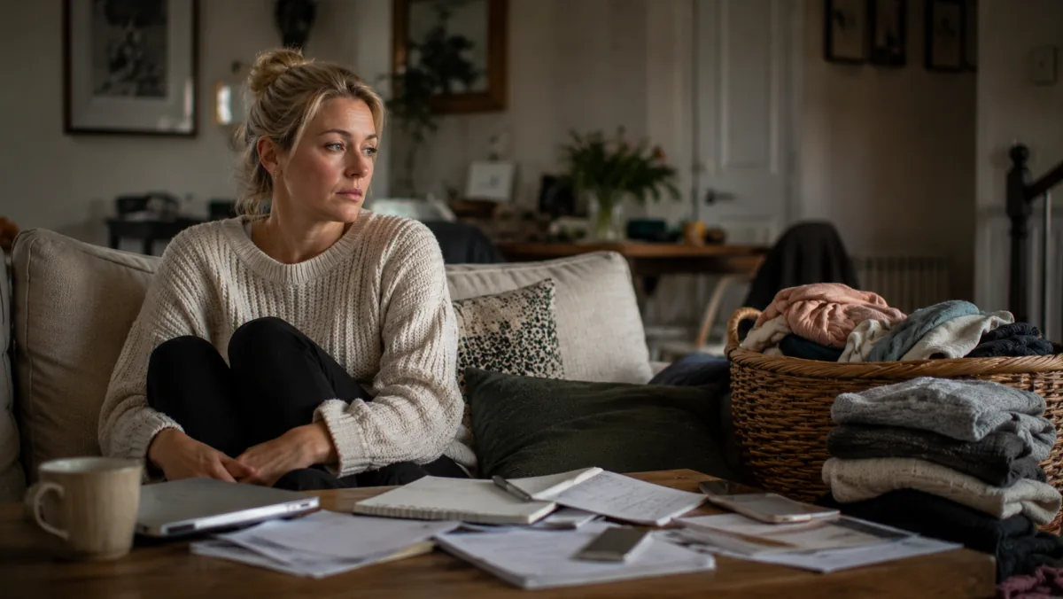 Woman curled on a sofa with a basket of folded laundry and paperwork around her, gaze drifting toward the undone tasks