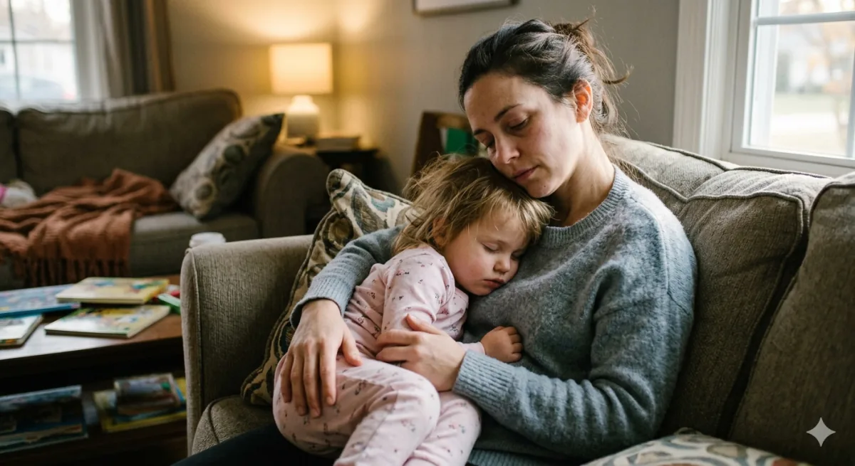Mother on a sofa holding a sleeping child close, gentle tired expression, soft warm evening light