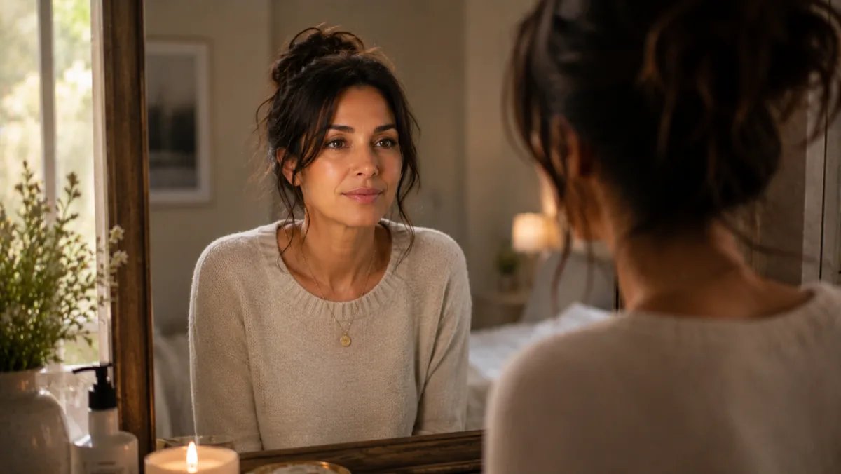 Woman looking softly at her own reflection in a mirror, warm natural light, quiet hopeful expression