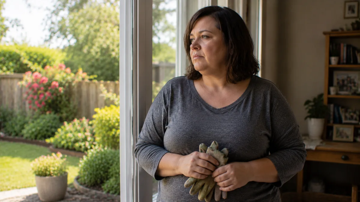 Woman at a glass door looking out at her garden, holding gardening gloves, flat detached expression