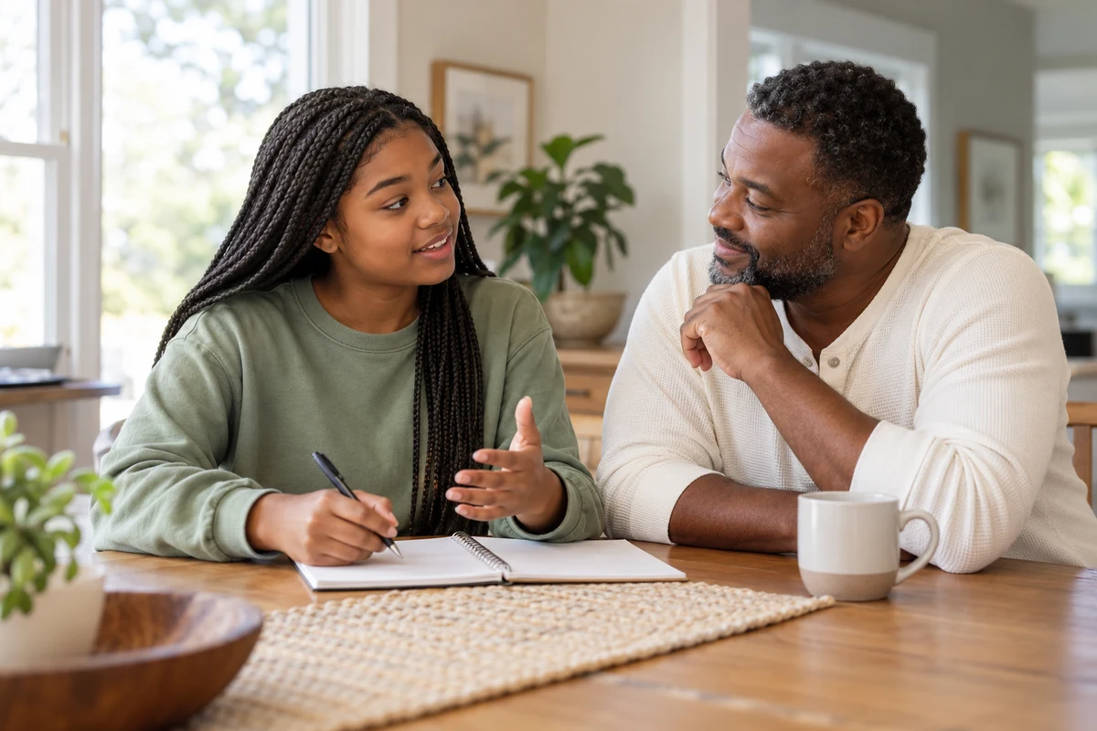 A father and his teenage daughter discussing a notebook