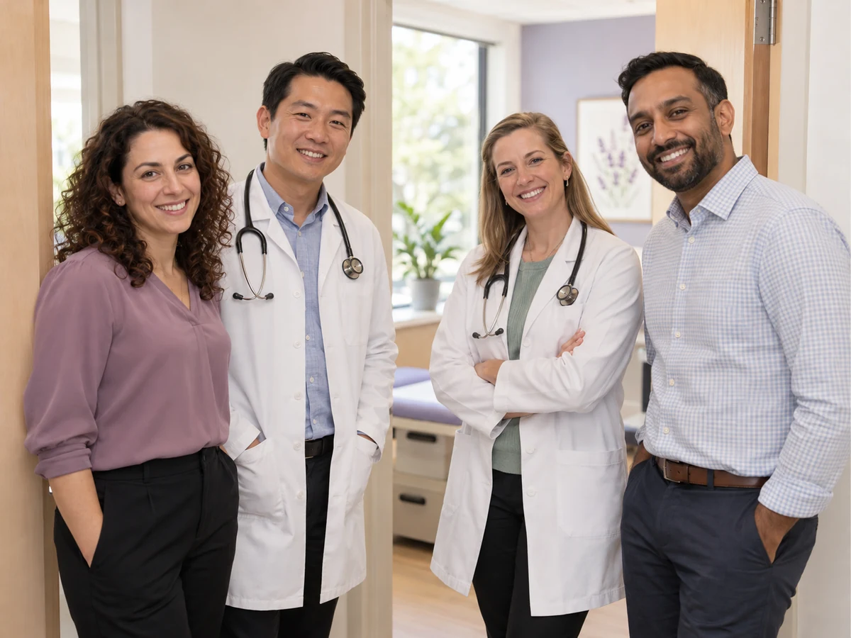 Un grupo acogedor de profesionales de la salud en un entorno clínico luminoso.