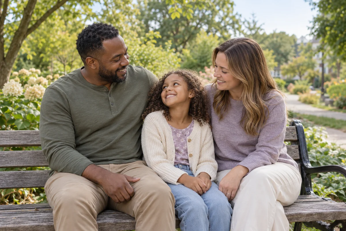 Parents and their child sharing a happy moment on a park bench.