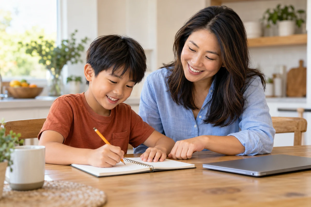 Una madre y su hijo preparan un cuaderno para una consulta