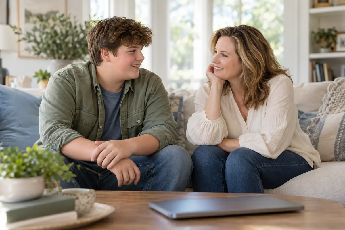 A mother and her teen talking at home