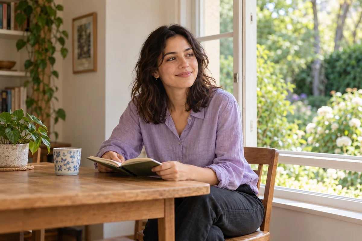 A young adult woman relaxing with a notebook beside a sunny window.