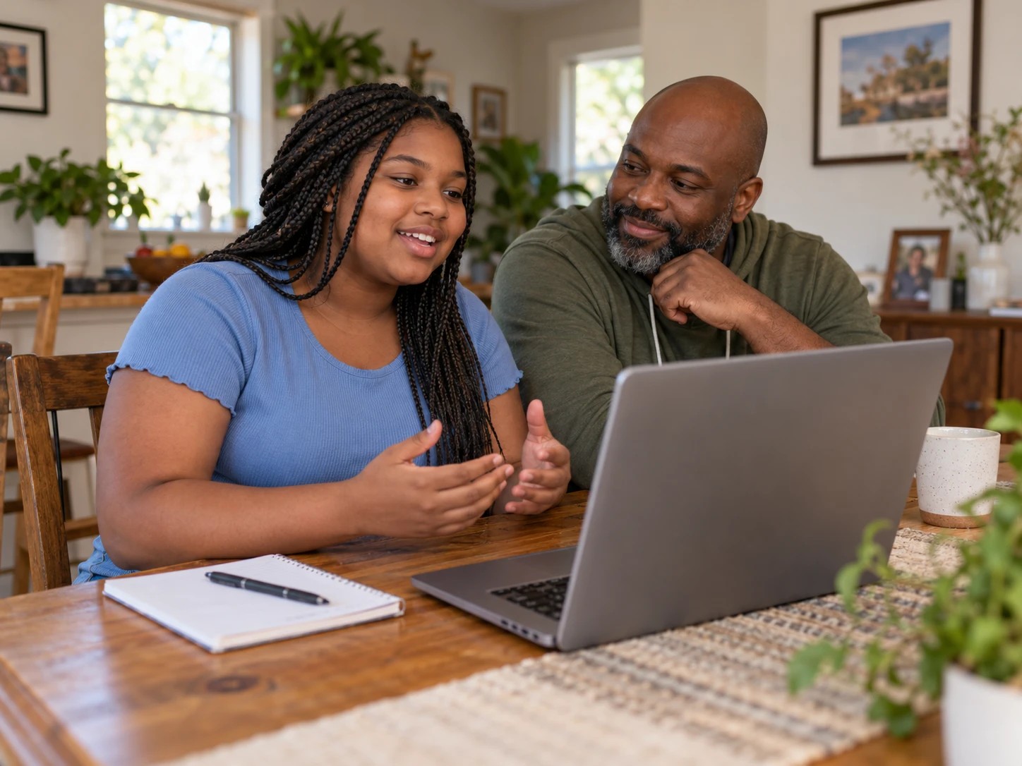 A teenage girl talking at a laptop with her father beside her at home