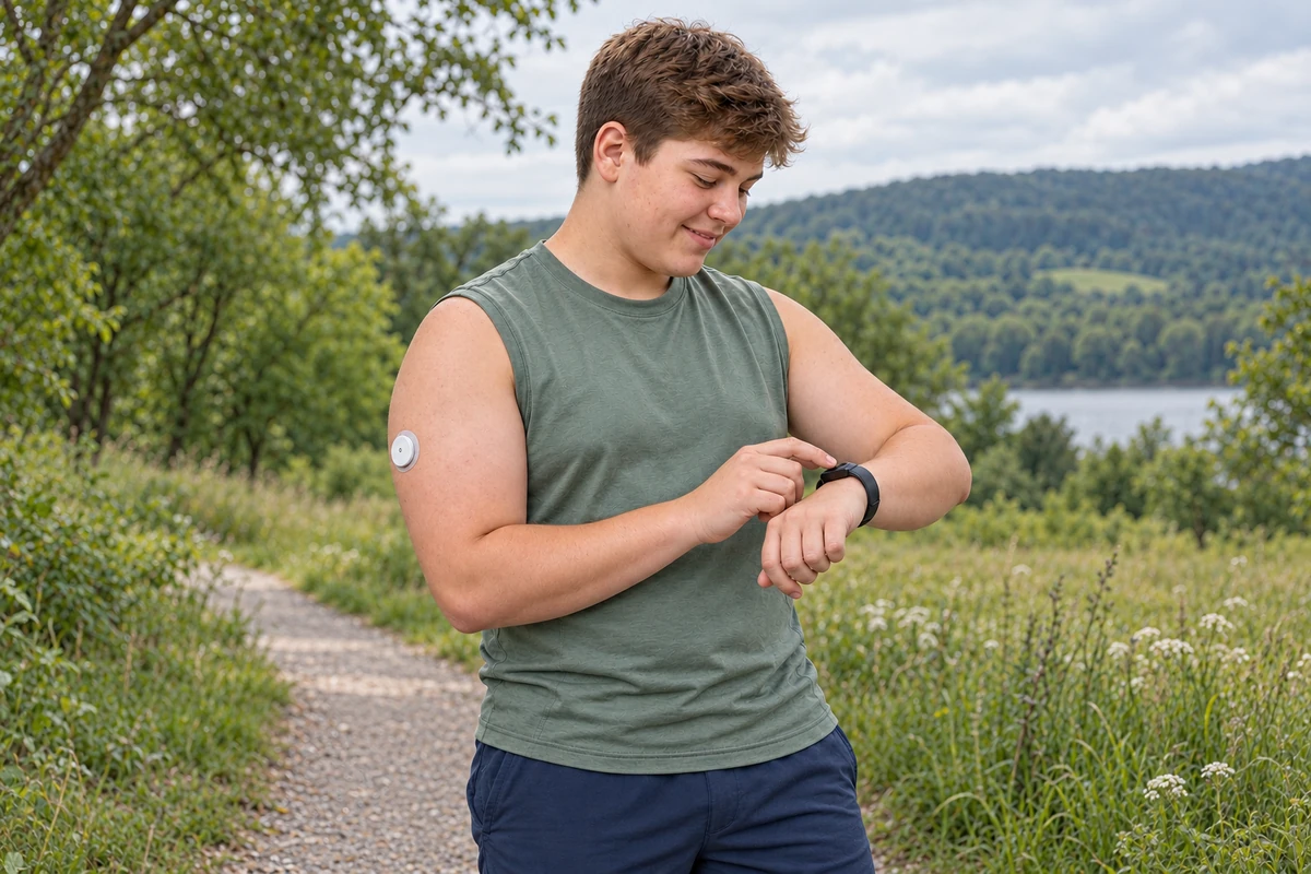 Teenage boy checking his fitness tracker on a leafy walking trail, with a glucose sensor visible on his upper arm.