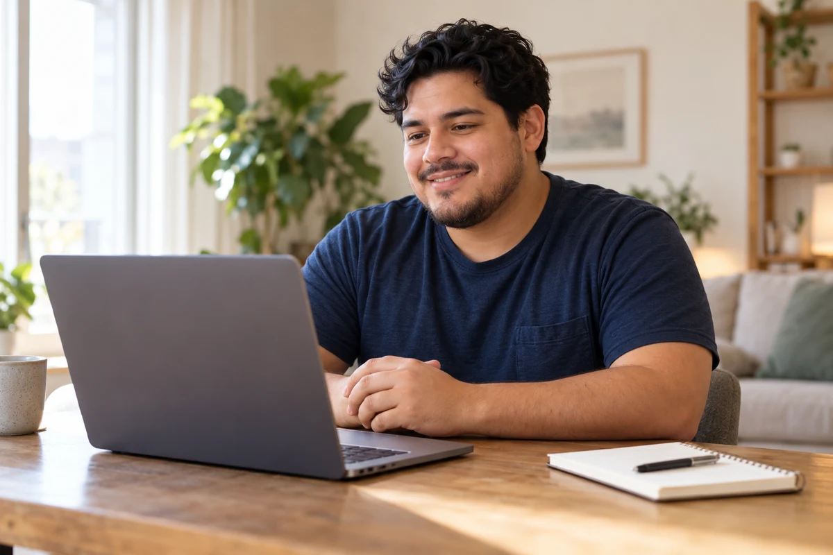 A young adult at his laptop for a video visit